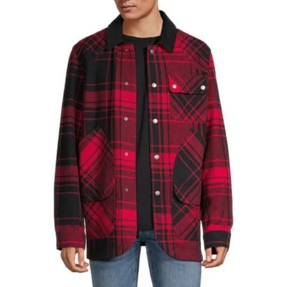 Frye and Co.  Chore Coat / Shaket Snap Front Lined Pokcet Red Plaid Men Size LT